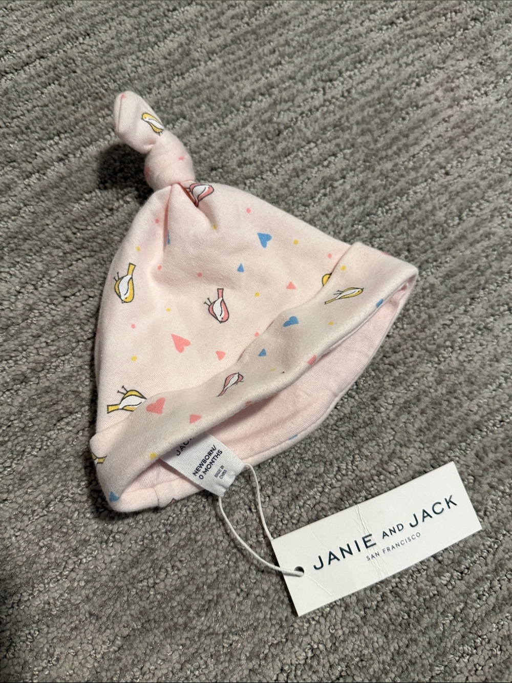 Janie and Jack Light Pink Baby Knot Hat with Heart & Bird Pattern